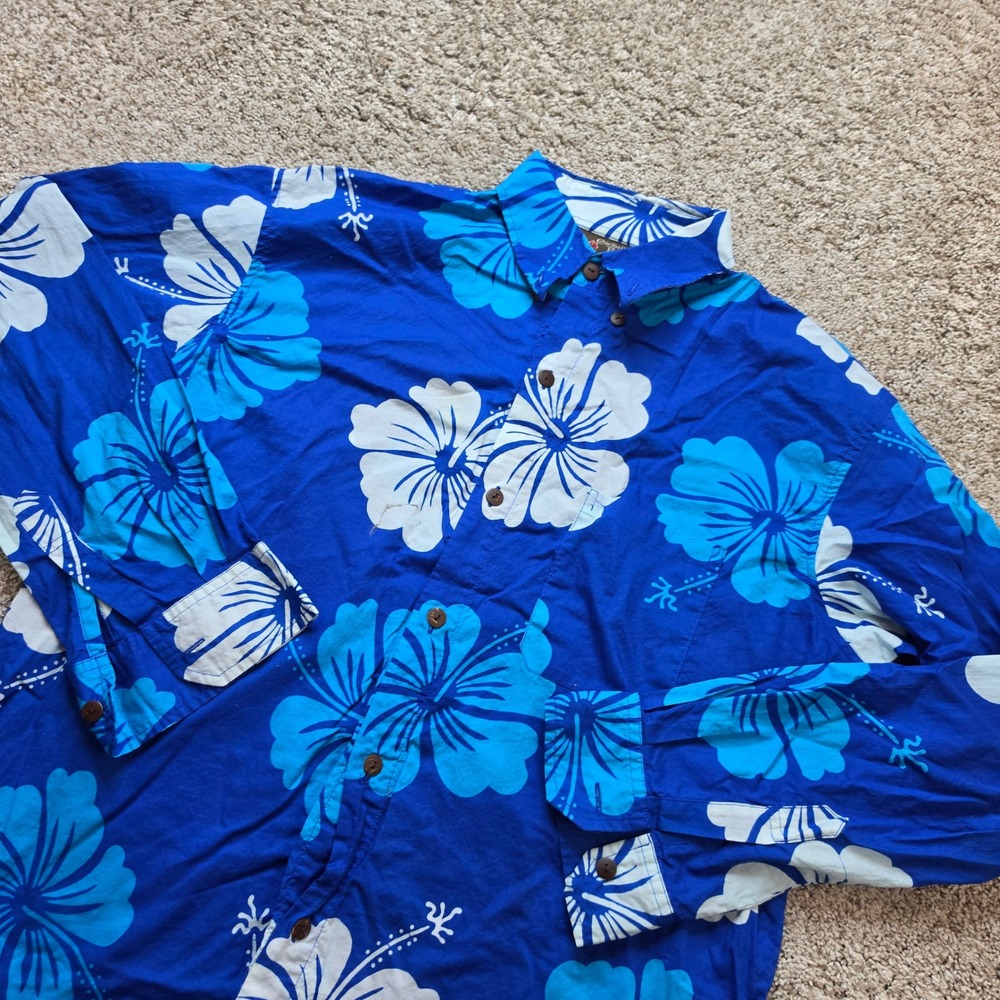 VINTAGE Caribelle Batik Hibiscus Shirt Mens Large Cotton Blue Tropical Adult